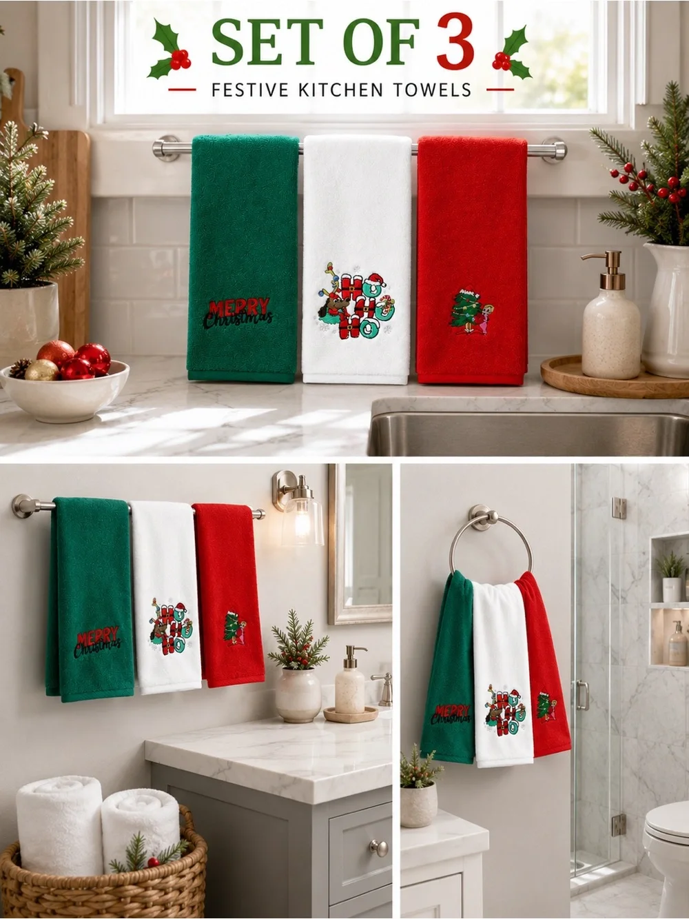 Holiday Kitchen Towels Set of 3 - Green, White & Red - NWOT